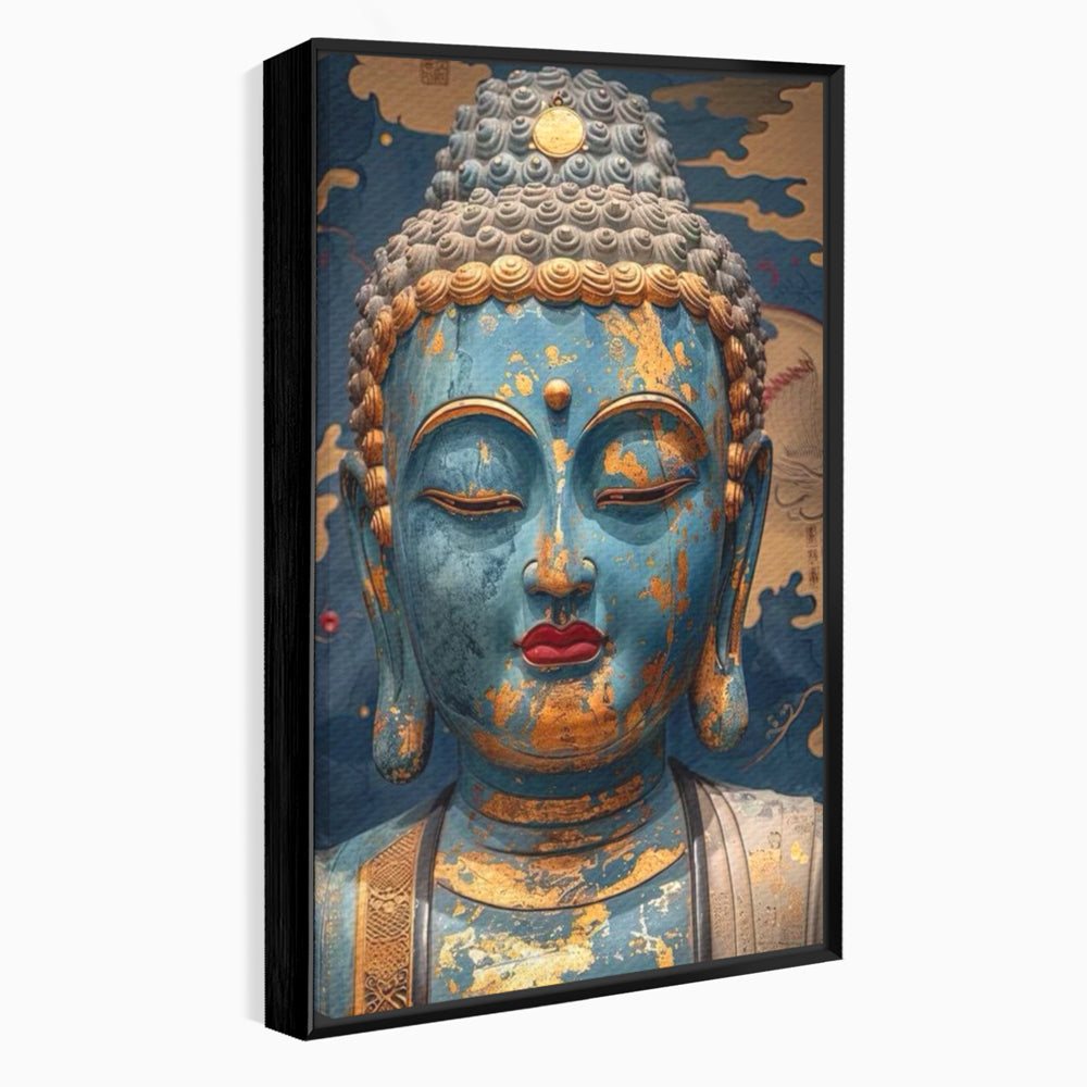 Tablou canvas cu tablou canvas cu chipul lui buddha, in rama de aluminiu negru